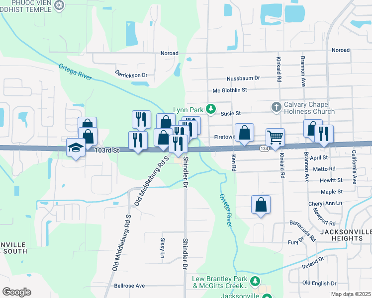 map of restaurants, bars, coffee shops, grocery stores, and more near 103rd Street & Shindler Drive in Jacksonville