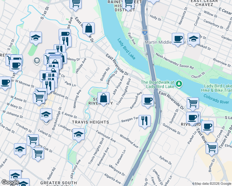 map of restaurants, bars, coffee shops, grocery stores, and more near 1311 Alta Vista Avenue in Austin