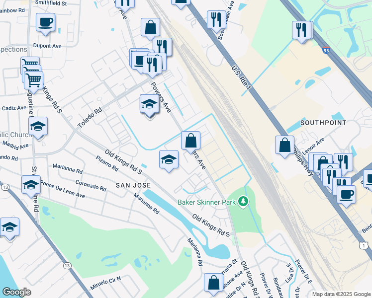 map of restaurants, bars, coffee shops, grocery stores, and more near 15 7200-1 Powers Ap in Jacksonville