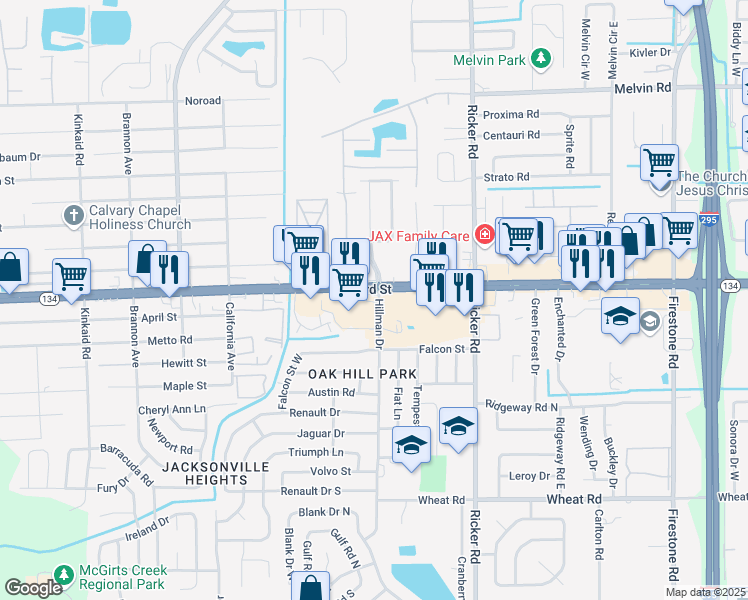 map of restaurants, bars, coffee shops, grocery stores, and more near 5527 Hillman Dr in Jacksonville