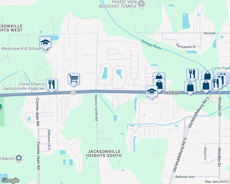 map of restaurants, bars, coffee shops, grocery stores, and more near 9464-9486 103rd St in Jacksonville