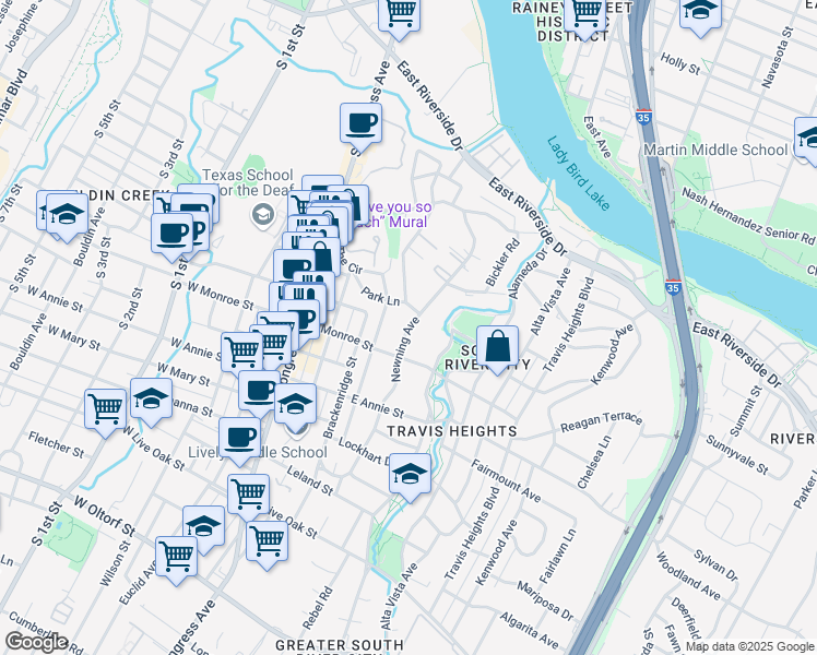 map of restaurants, bars, coffee shops, grocery stores, and more near 1505 Newning Avenue in Austin
