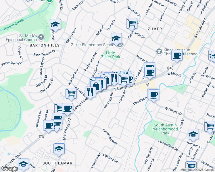 map of restaurants, bars, coffee shops, grocery stores, and more near 2324 South Lamar Boulevard in Austin