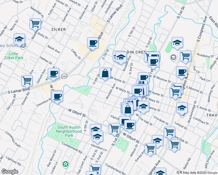 map of restaurants, bars, coffee shops, grocery stores, and more near 905 West Mary Street in Austin