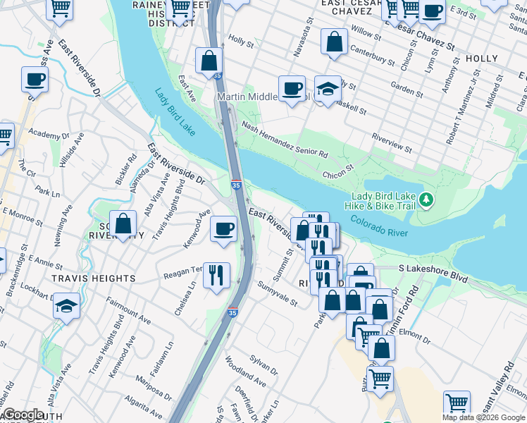 map of restaurants, bars, coffee shops, grocery stores, and more near 1314 East Riverside Drive in Austin