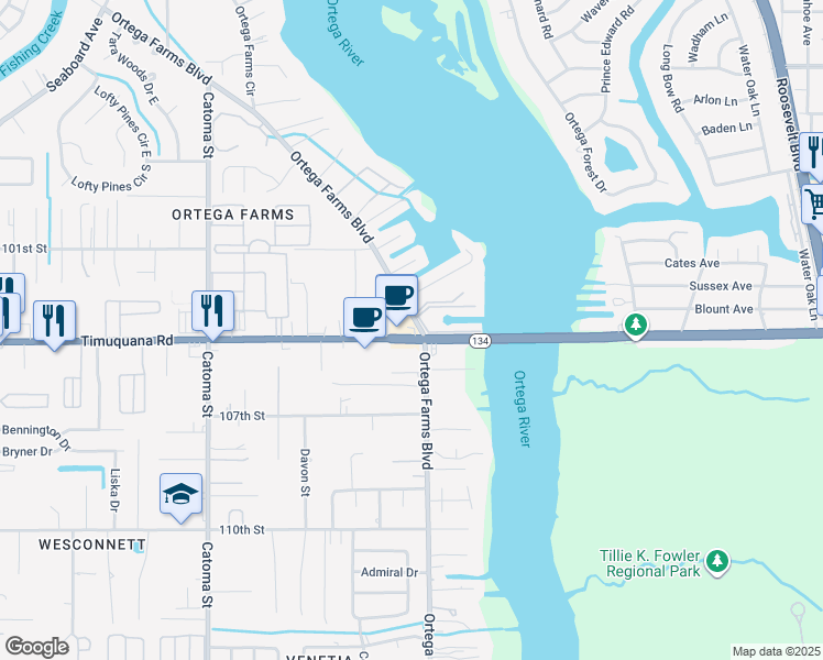 map of restaurants, bars, coffee shops, grocery stores, and more near 5111 Timuquana Road in Jacksonville
