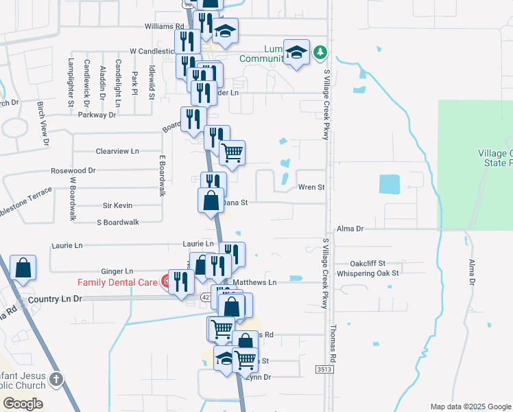 map of restaurants, bars, coffee shops, grocery stores, and more near 110 Dana Street in Lumberton