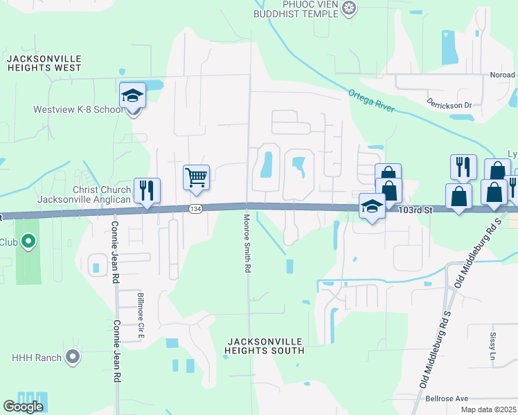 map of restaurants, bars, coffee shops, grocery stores, and more near 9542 103rd Street in Jacksonville