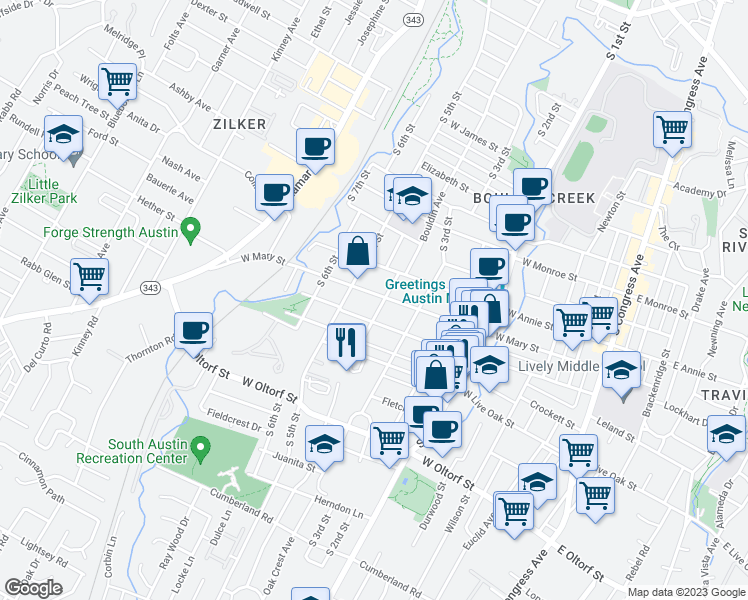 map of restaurants, bars, coffee shops, grocery stores, and more near 903 West Mary Street in Austin