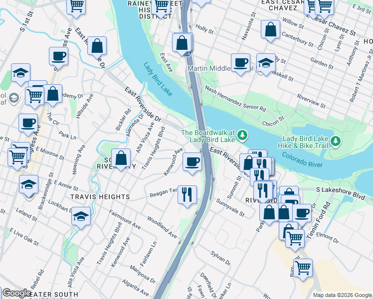 map of restaurants, bars, coffee shops, grocery stores, and more near 1303 Bonham Terrace in Austin