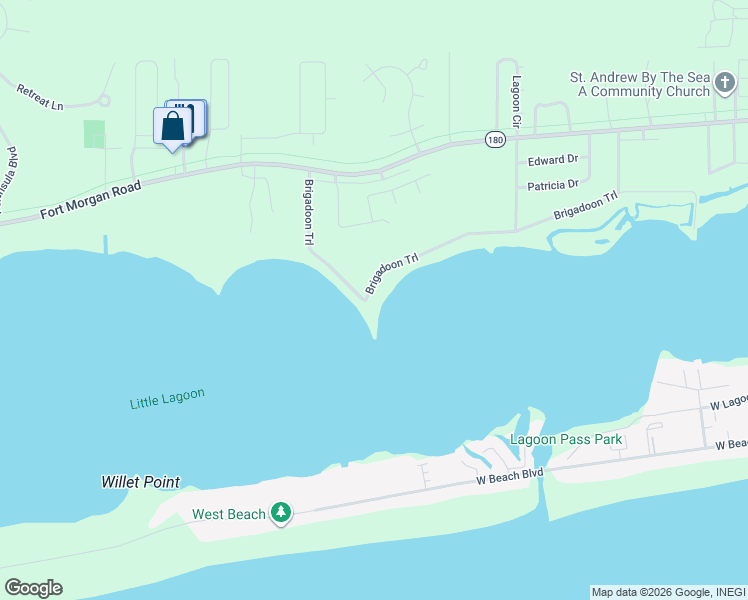 map of restaurants, bars, coffee shops, grocery stores, and more near 16300 Brigadoon Trail in Gulf Shores