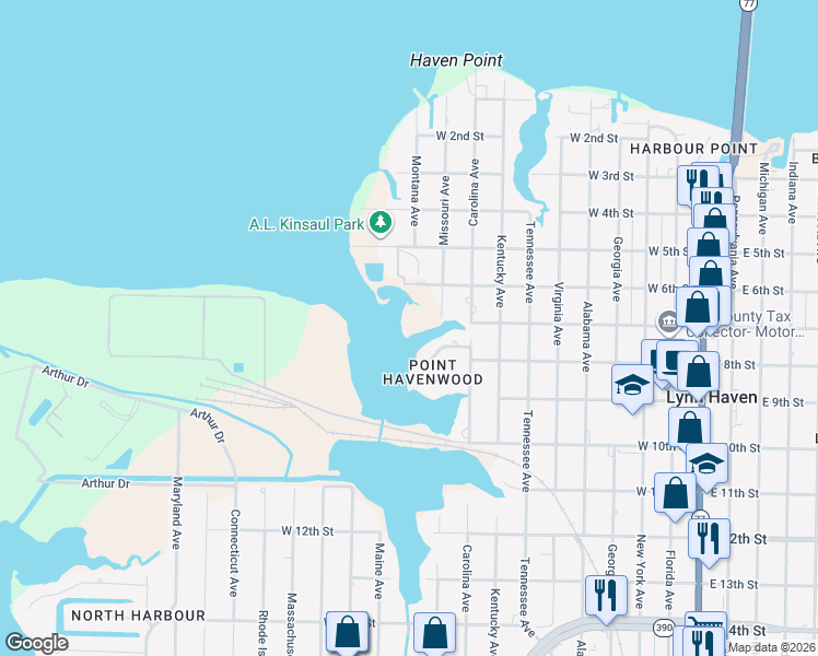 map of restaurants, bars, coffee shops, grocery stores, and more near 704 Missouri Avenue in Lynn Haven