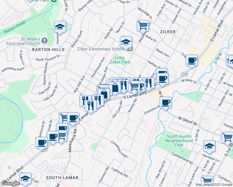 map of restaurants, bars, coffee shops, grocery stores, and more near 2324 South Lamar Boulevard in Austin