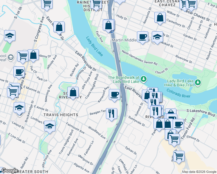 map of restaurants, bars, coffee shops, grocery stores, and more near 1300 Bonham Terrace in Austin