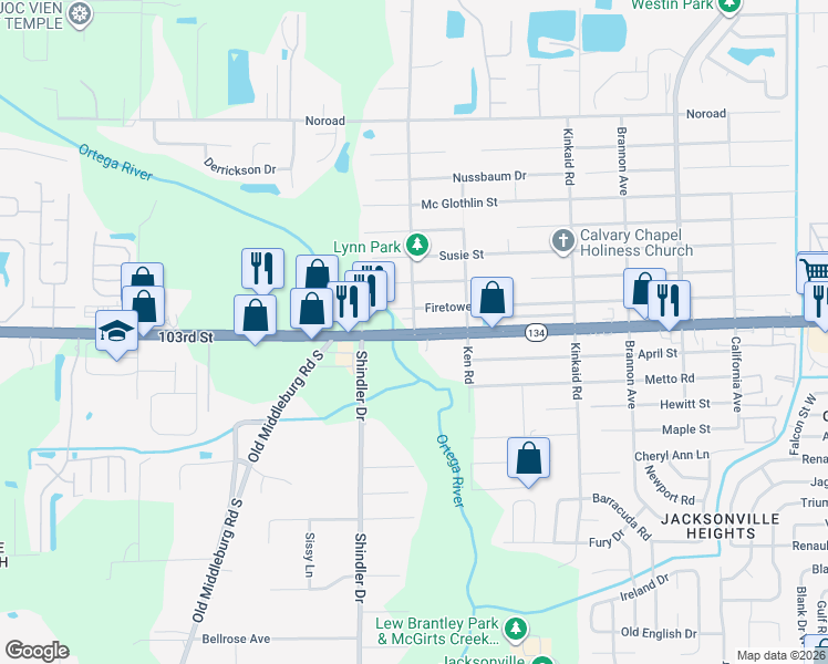 map of restaurants, bars, coffee shops, grocery stores, and more near 103rd St & Lambing Rd in Jacksonville