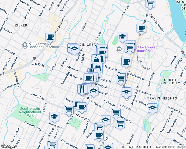 map of restaurants, bars, coffee shops, grocery stores, and more near 607 West Annie Street in Austin