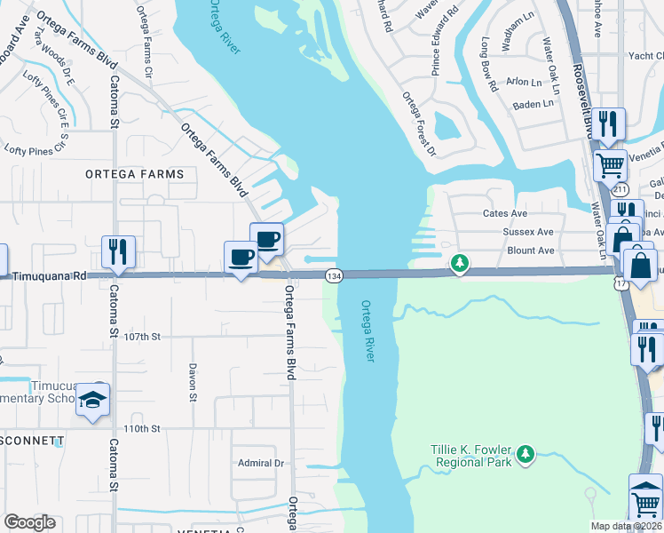 map of restaurants, bars, coffee shops, grocery stores, and more near 5375 Ortega Farms Boulevard in Jacksonville
