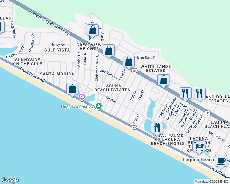 map of restaurants, bars, coffee shops, grocery stores, and more near 209 Rose Lane in Panama City Beach