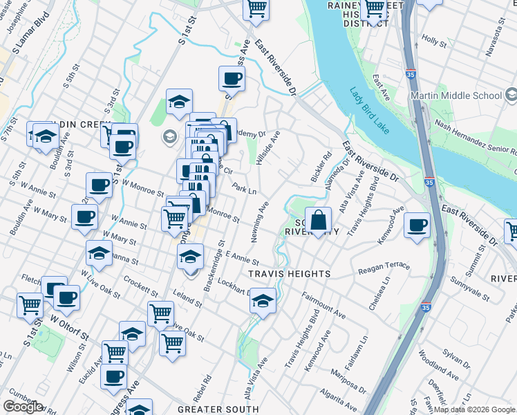 map of restaurants, bars, coffee shops, grocery stores, and more near 1505 Newning Avenue in Austin