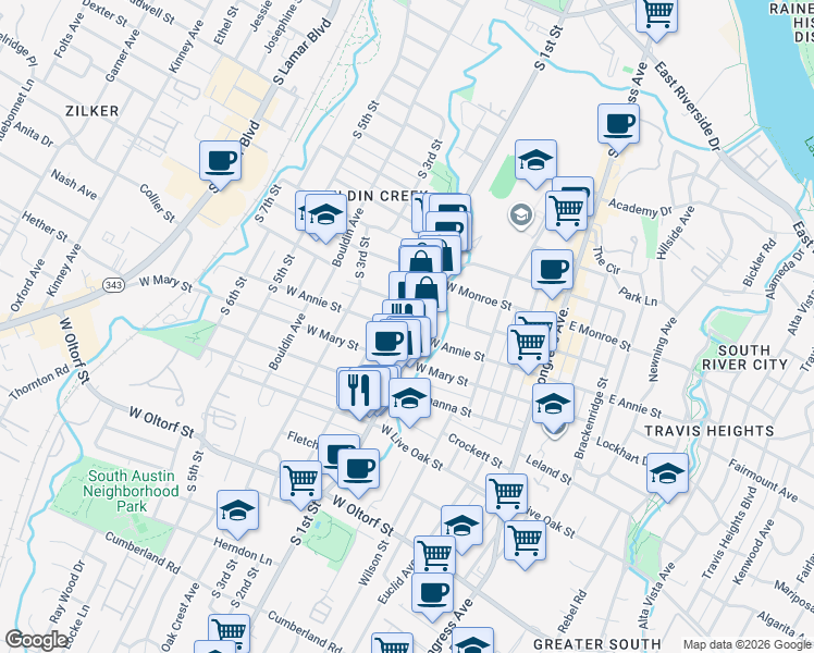 map of restaurants, bars, coffee shops, grocery stores, and more near 607 West Annie Street in Austin