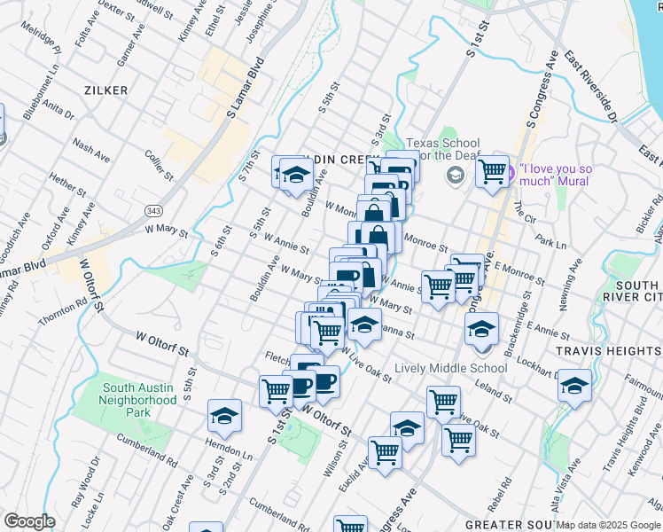 map of restaurants, bars, coffee shops, grocery stores, and more near 702 West Mary Street in Austin