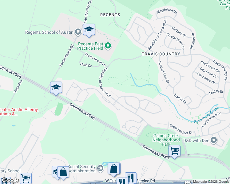 map of restaurants, bars, coffee shops, grocery stores, and more near 5401 Apache Creek Cove in Austin