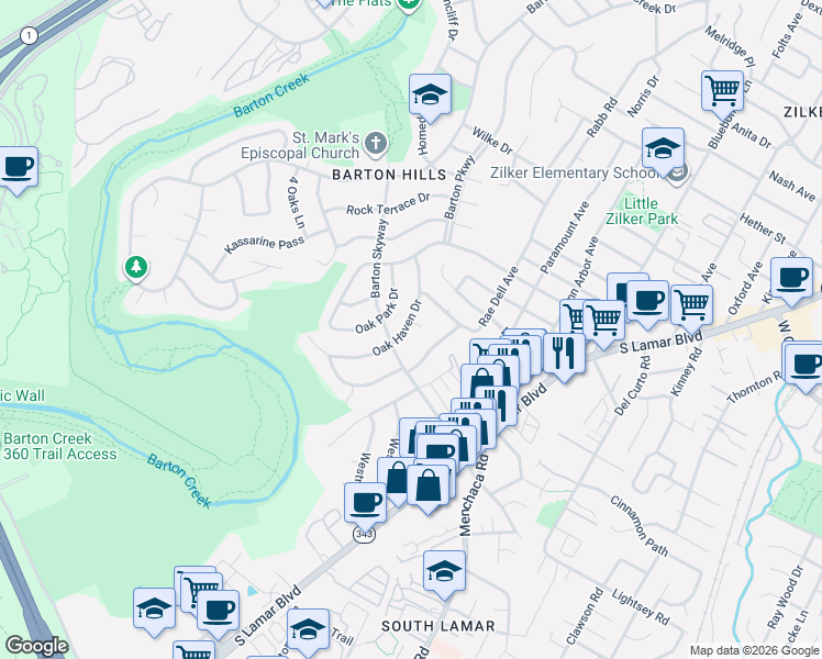 map of restaurants, bars, coffee shops, grocery stores, and more near 2801 Oak Haven Drive in Austin