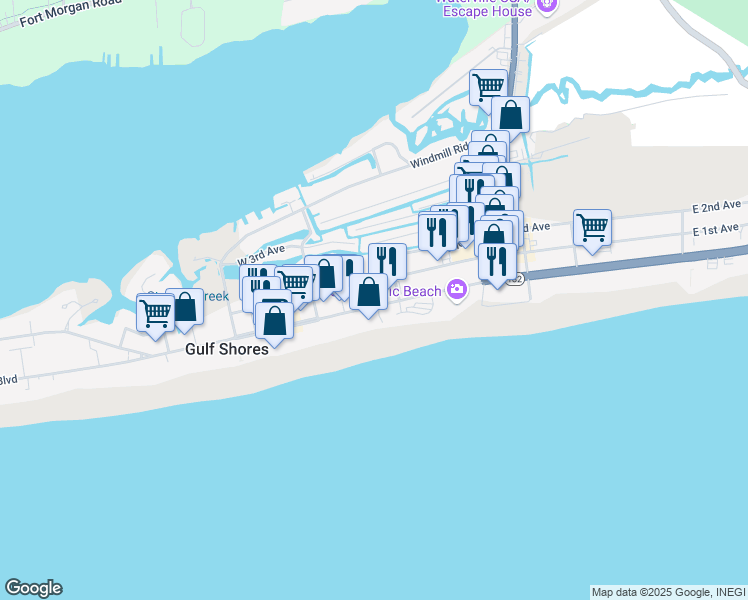 map of restaurants, bars, coffee shops, grocery stores, and more near 320 Alabama 182 in Gulf Shores