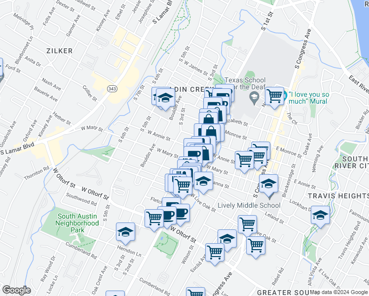 map of restaurants, bars, coffee shops, grocery stores, and more near 705 West Annie Street in Austin
