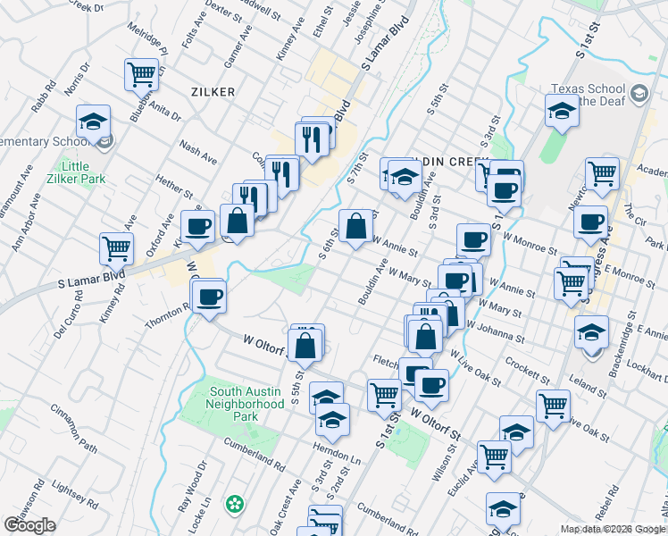 map of restaurants, bars, coffee shops, grocery stores, and more near 1002 West Johanna Street in Austin