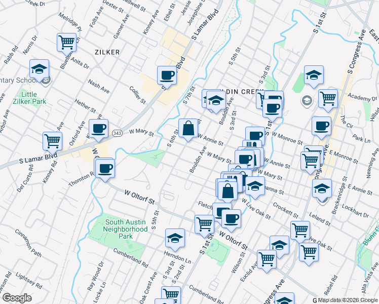 map of restaurants, bars, coffee shops, grocery stores, and more near 909 West Mary Street in Austin