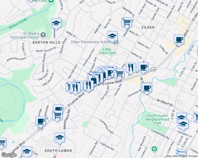 map of restaurants, bars, coffee shops, grocery stores, and more near Bluebonnet Ln & Arpdale St in Austin