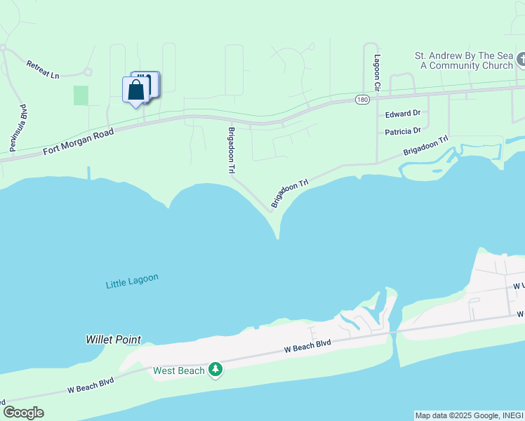 map of restaurants, bars, coffee shops, grocery stores, and more near 16300 Brigadoon Trail in Gulf Shores