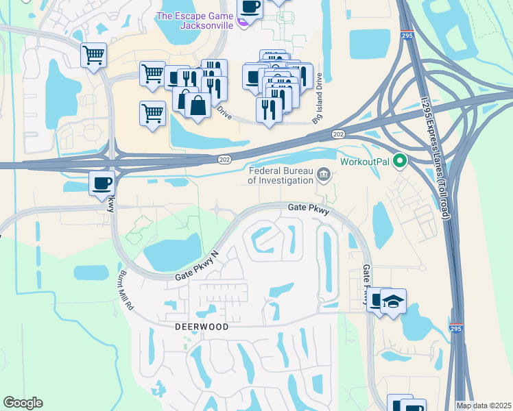 map of restaurants, bars, coffee shops, grocery stores, and more near 5335 Gate Parkway in Jacksonville