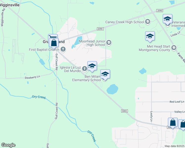 map of restaurants, bars, coffee shops, grocery stores, and more near 16283 Farm to Market Road 3083 in Conroe