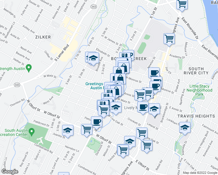 map of restaurants, bars, coffee shops, grocery stores, and more near S 2nd St & Annie St W in Austin