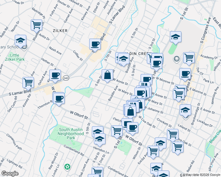 map of restaurants, bars, coffee shops, grocery stores, and more near 907 West Mary Street in Austin