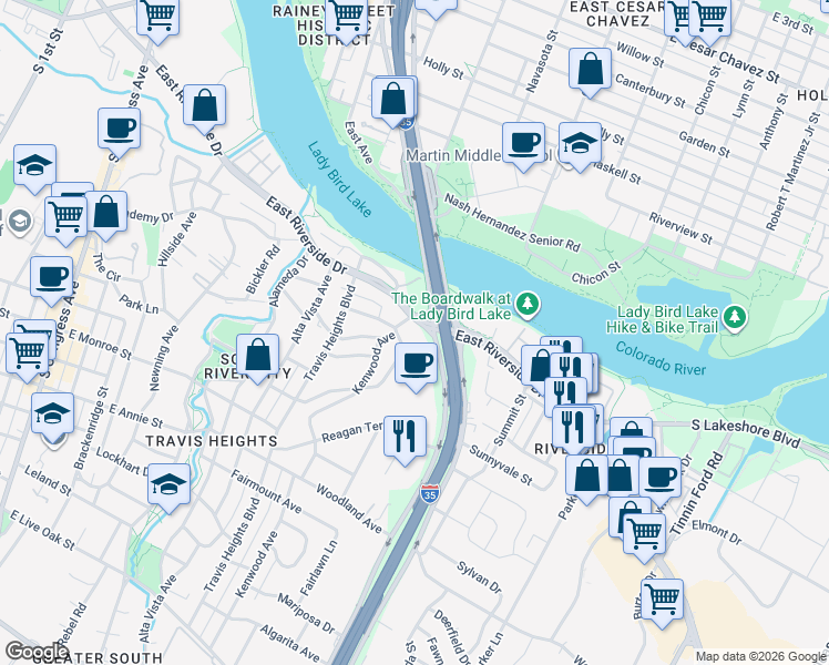 map of restaurants, bars, coffee shops, grocery stores, and more near 1105 East Riverside Drive in Austin