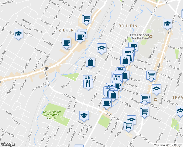 map of restaurants, bars, coffee shops, grocery stores, and more near 909 Mary Street West in Austin