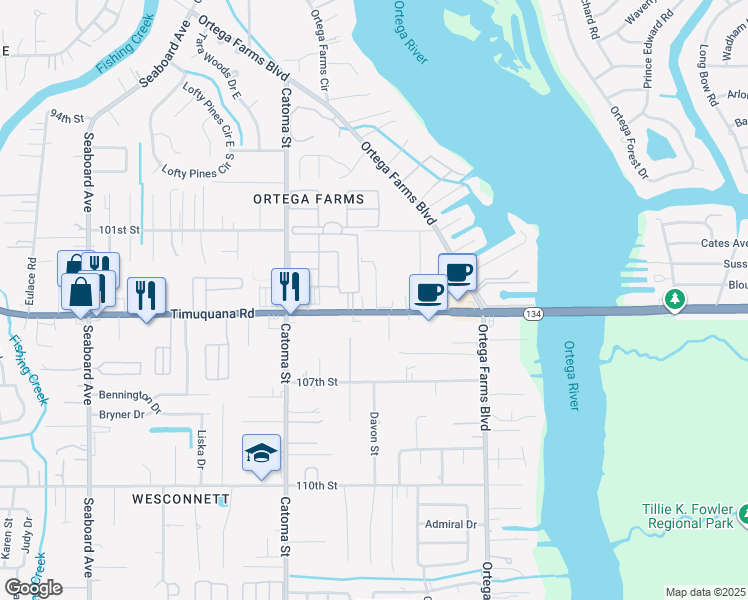 map of restaurants, bars, coffee shops, grocery stores, and more near 5265 Timuquana Road in Jacksonville