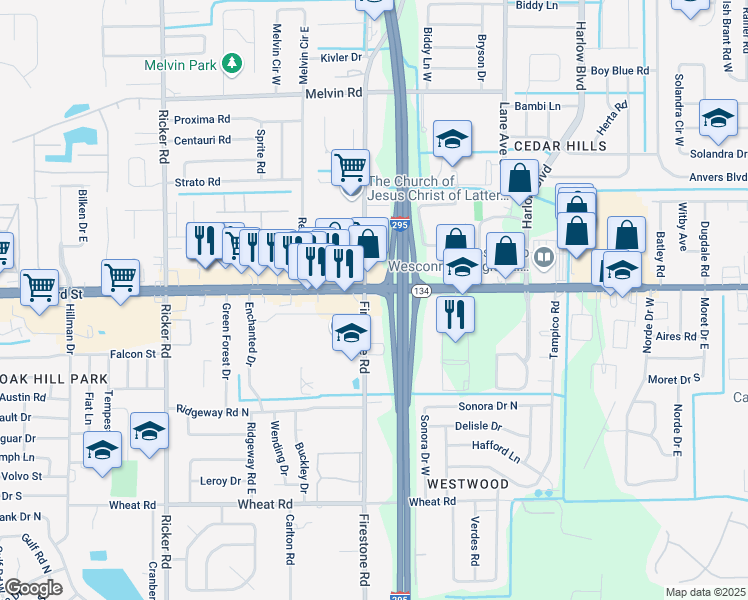map of restaurants, bars, coffee shops, grocery stores, and more near 5507 Firestone Road in Jacksonville