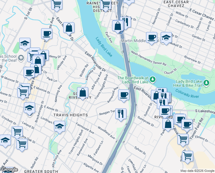 map of restaurants, bars, coffee shops, grocery stores, and more near 1015 Avondale Road in Austin