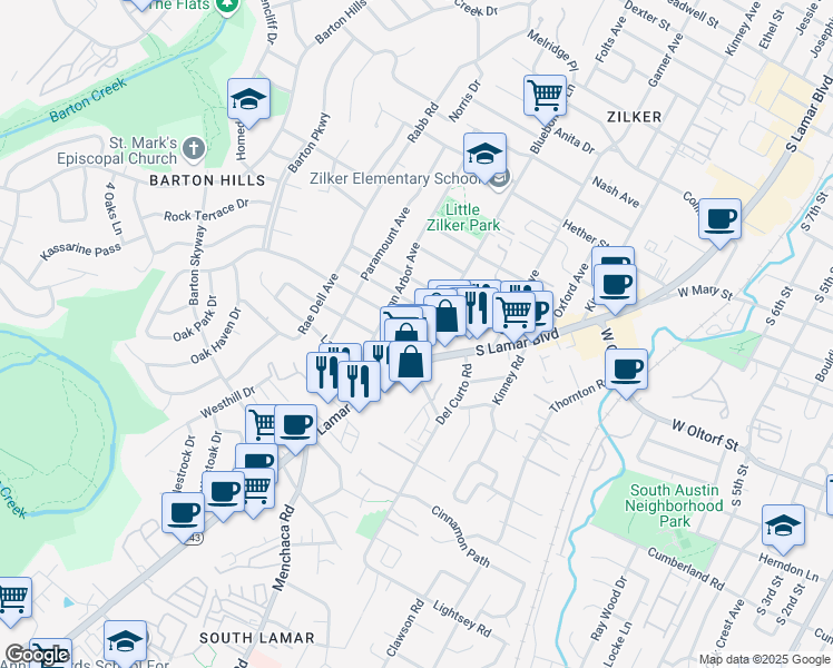 map of restaurants, bars, coffee shops, grocery stores, and more near 2418 South Lamar Boulevard in Austin