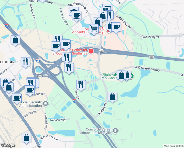 map of restaurants, bars, coffee shops, grocery stores, and more near 4814 Parkhurst Place in Jacksonville
