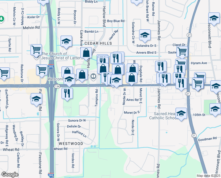 map of restaurants, bars, coffee shops, grocery stores, and more near 6730 103rd Street in Jacksonville