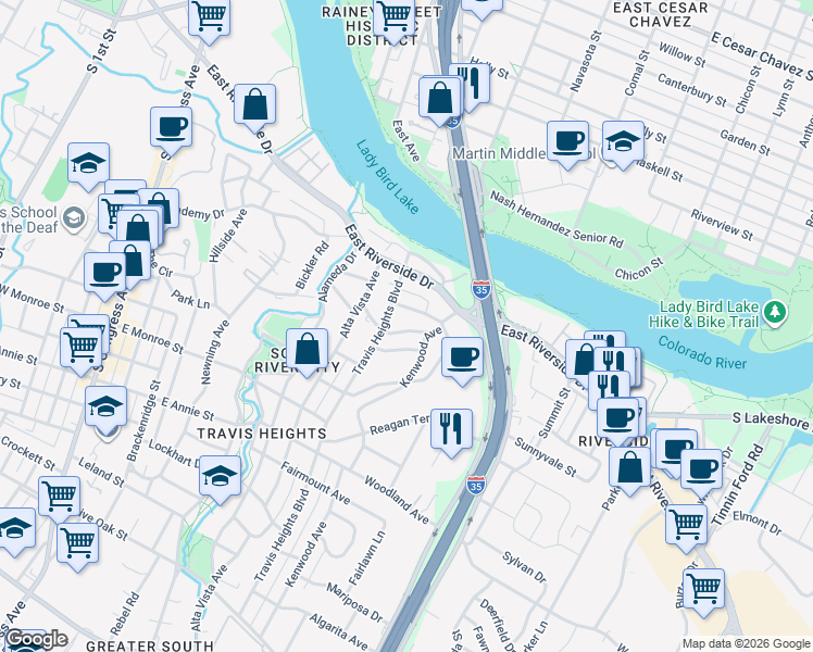 map of restaurants, bars, coffee shops, grocery stores, and more near 1010 Avondale Road in Austin