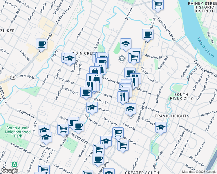 map of restaurants, bars, coffee shops, grocery stores, and more near 314 West Milton Street in Austin