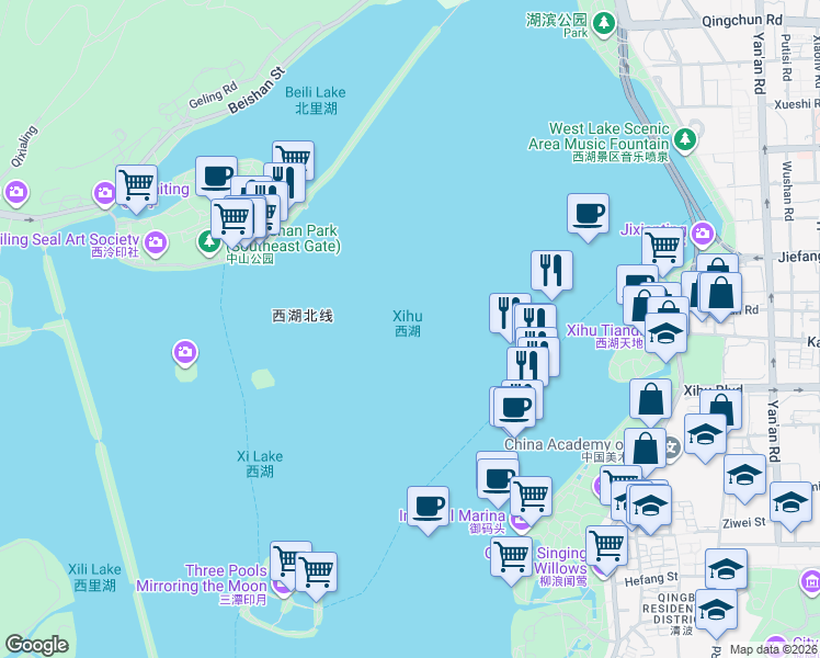 map of restaurants, bars, coffee shops, grocery stores, and more near in Hangzhou