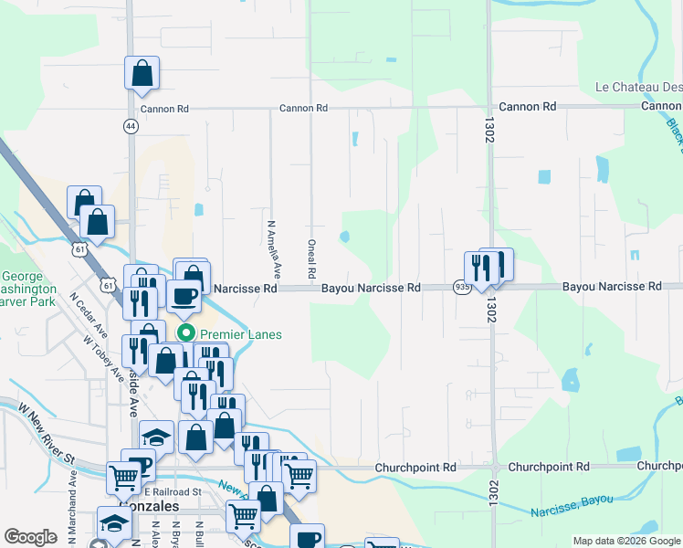 map of restaurants, bars, coffee shops, grocery stores, and more near 41319 Bayou Narcisse Road in Gonzales