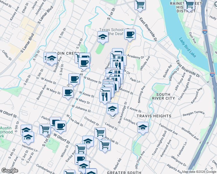 map of restaurants, bars, coffee shops, grocery stores, and more near 107 West Monroe Street in Austin